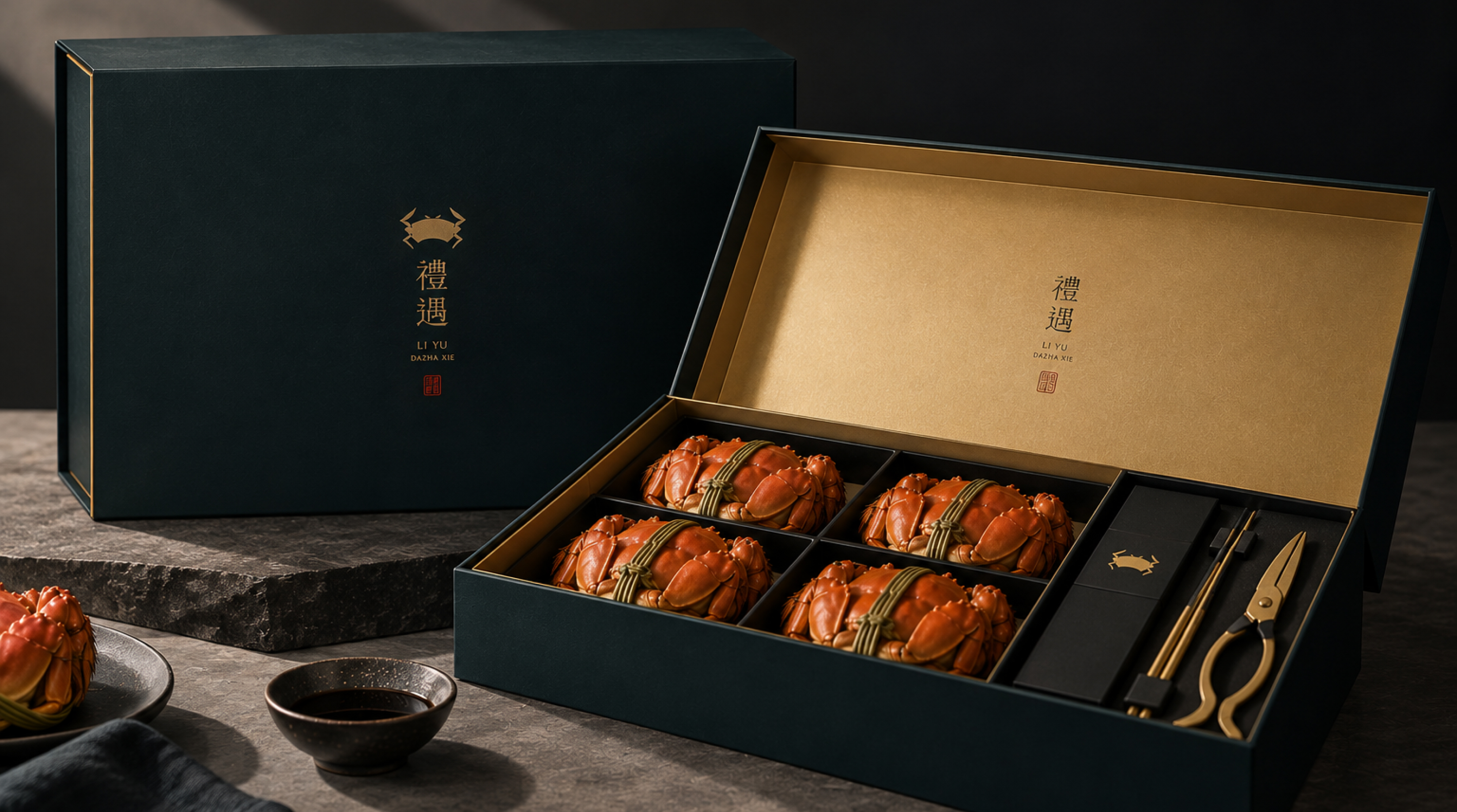 Li Yu premium hairy crab gift box in navy and gold