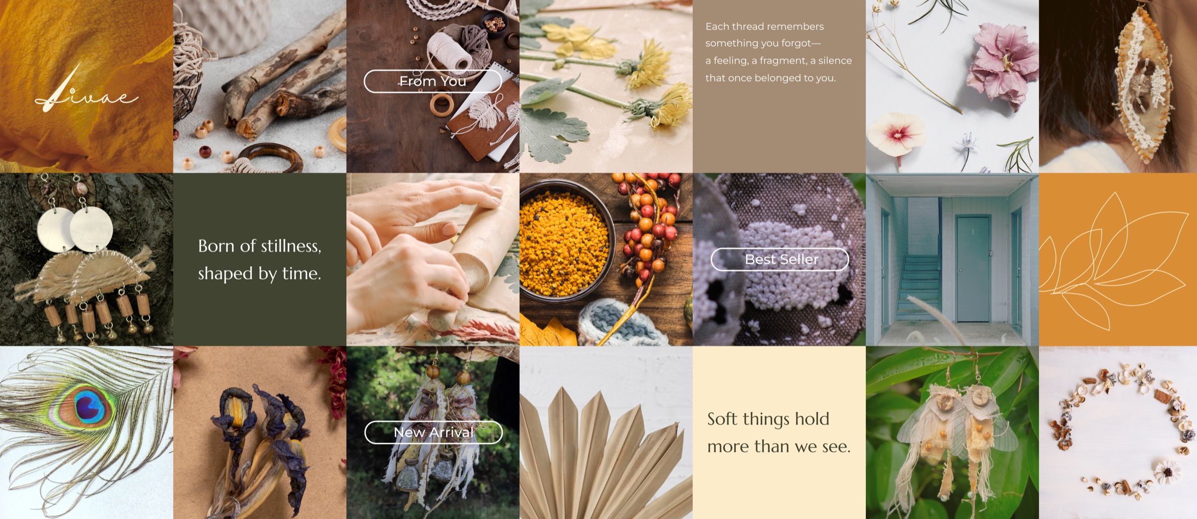 Livae brand moodboard of natural materials and handmade jewelry