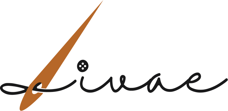 Livae handwritten logo with needle and button details
