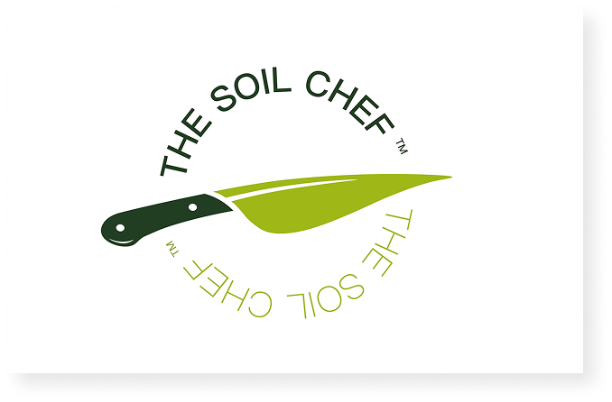 Circular Soil Chef logo concept combining a garden trowel, chef knife, and leaf