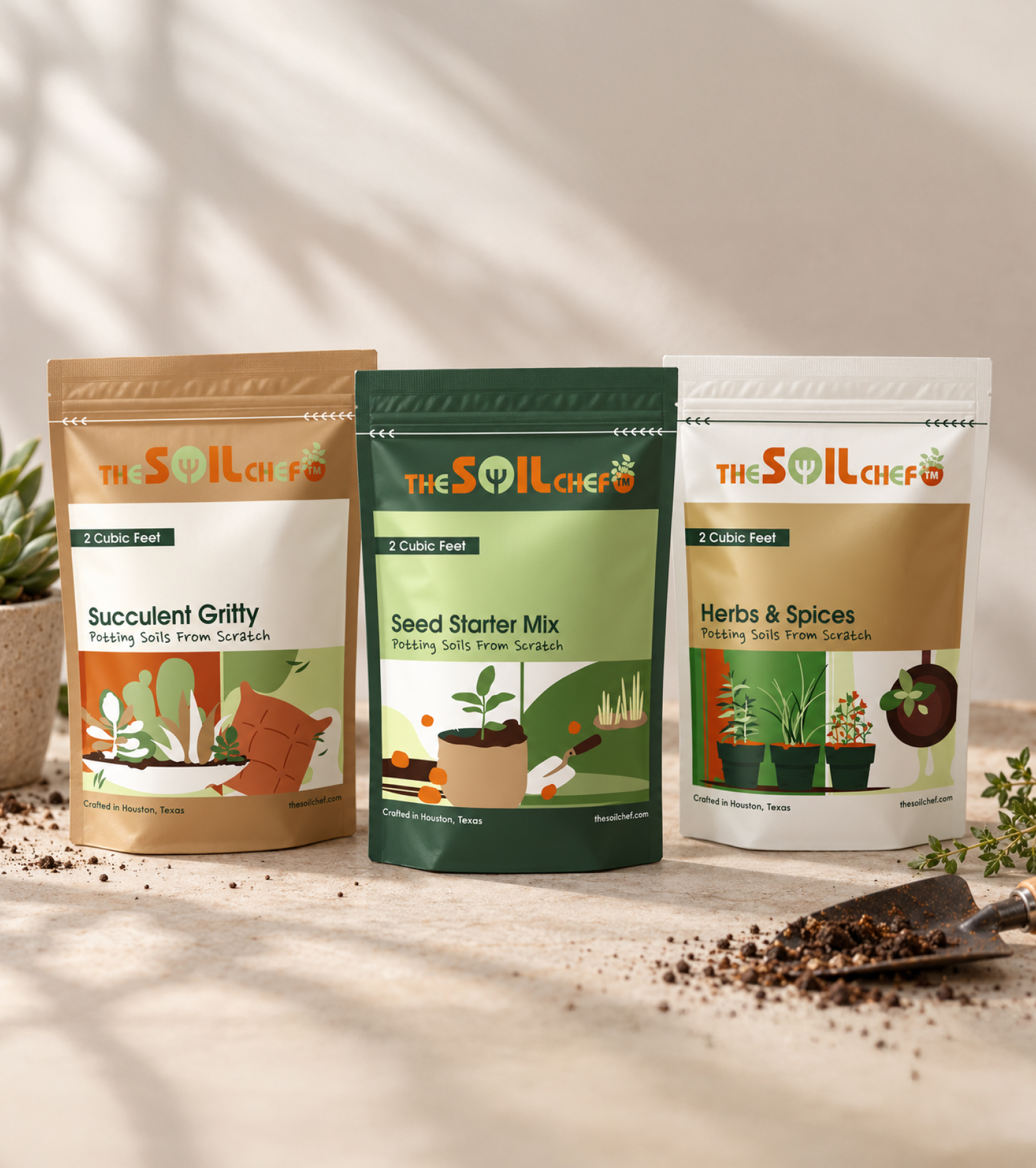 The complete Soil Chef soil blend packaging family