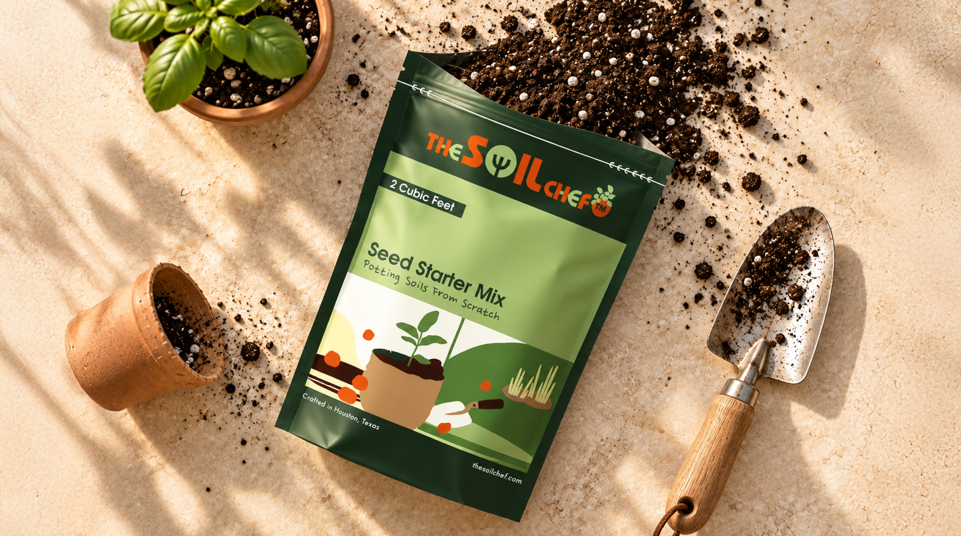 The Soil Chef seed starter mix packaging in a gardening scene