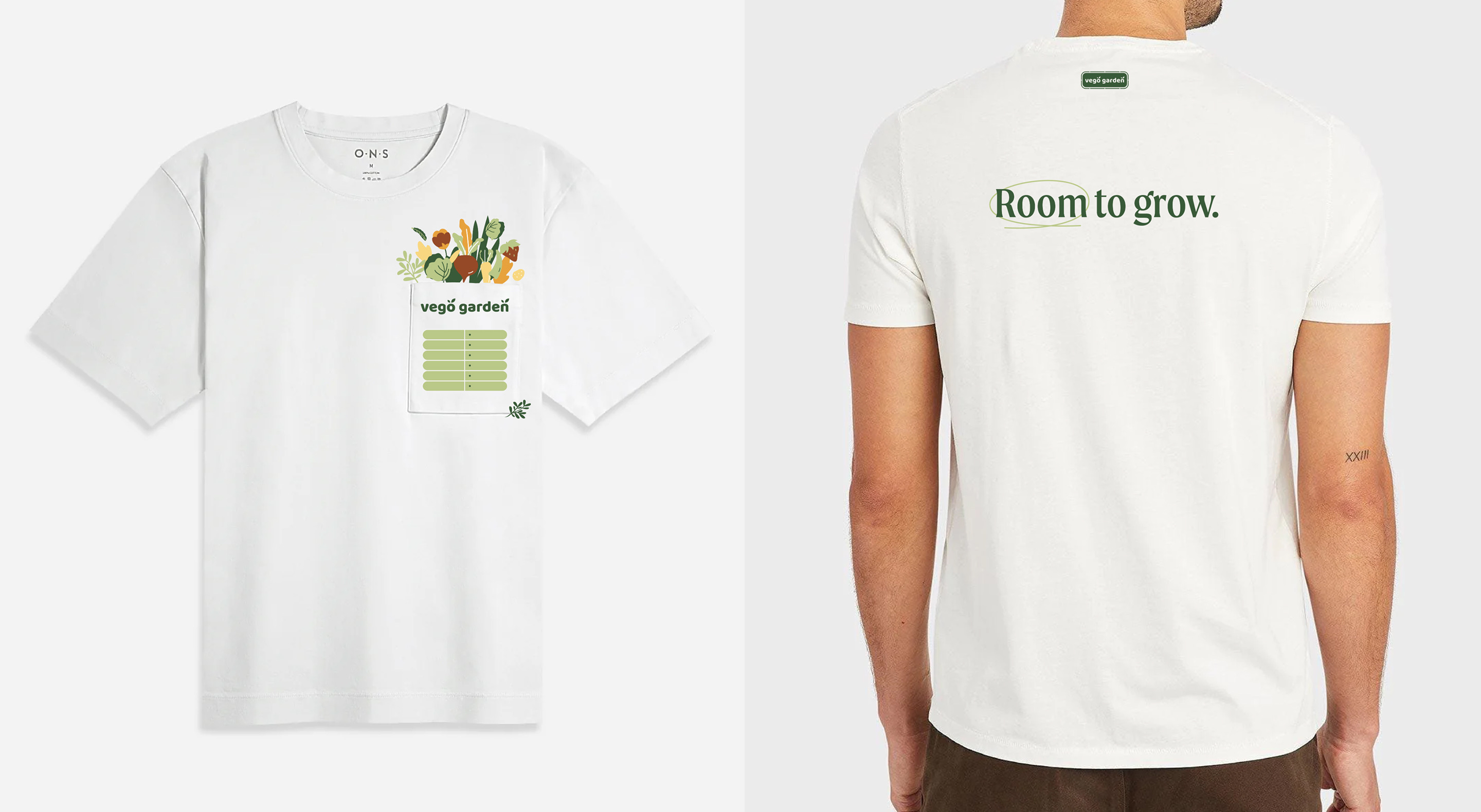Vego Garden branded apparel shown front and back