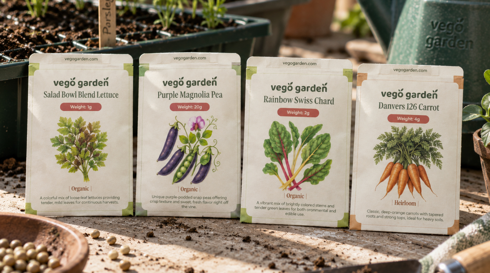 Vego Garden organic seed packet packaging photographed in a garden workspace