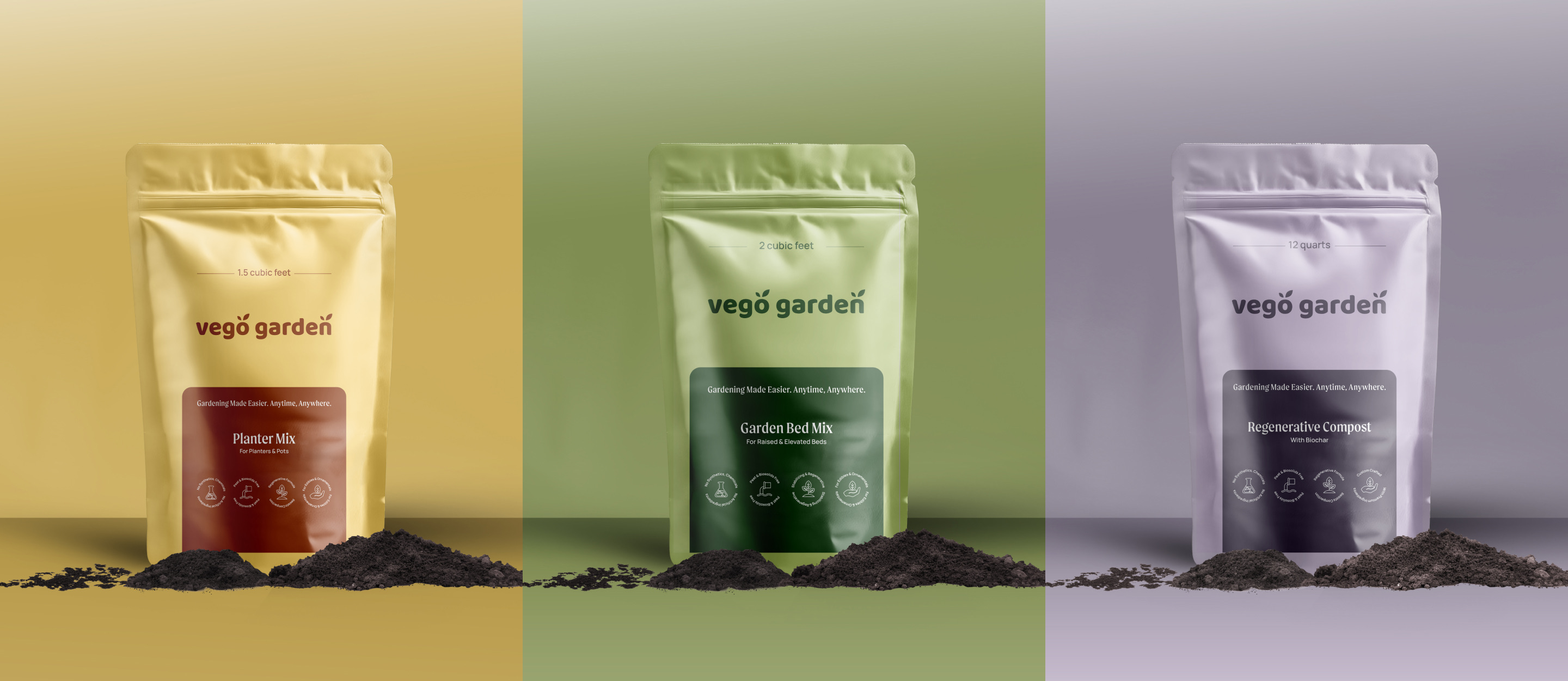 Color-coded Vego Garden soil product packaging