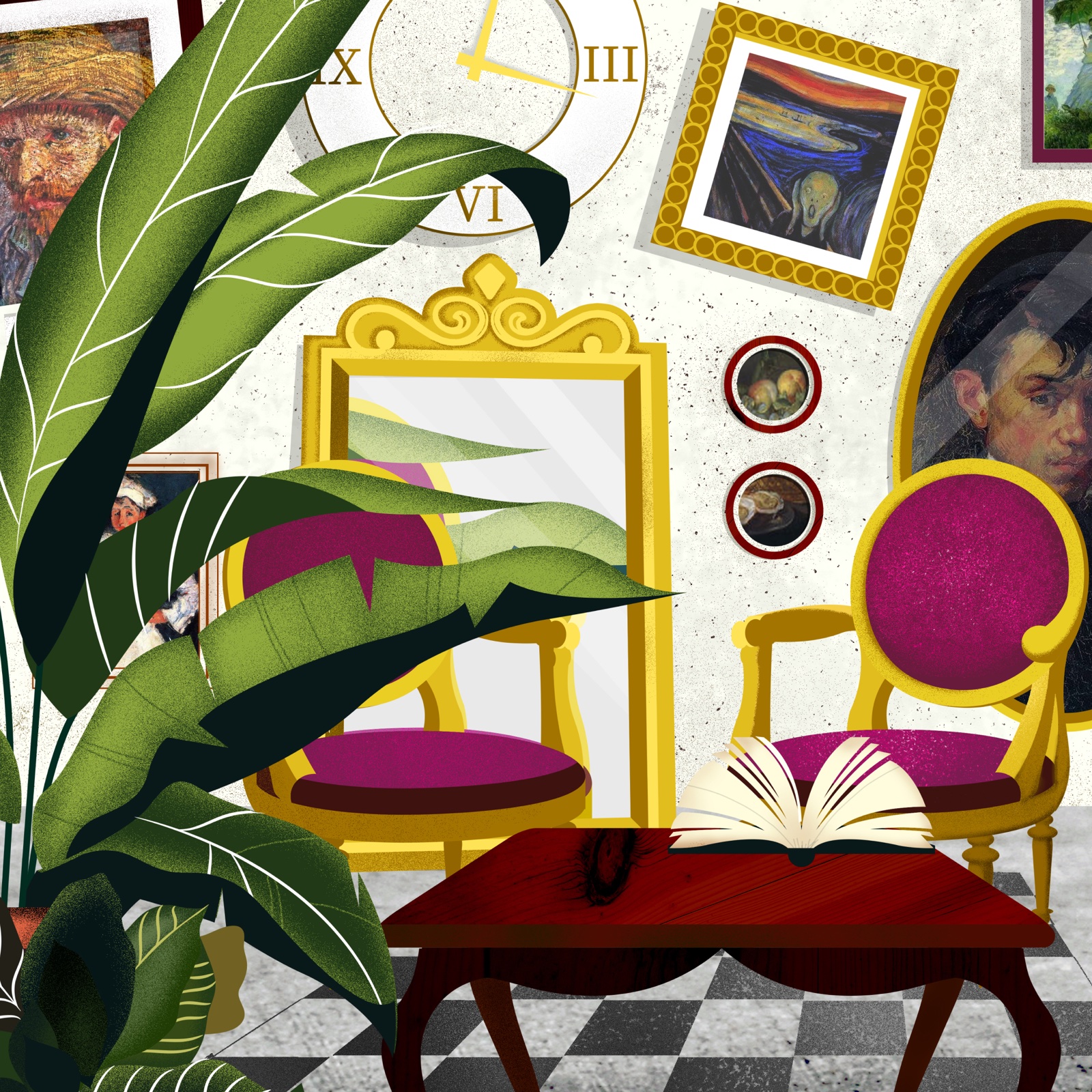 Illustrated reading room with art, plants, and magenta chairs
