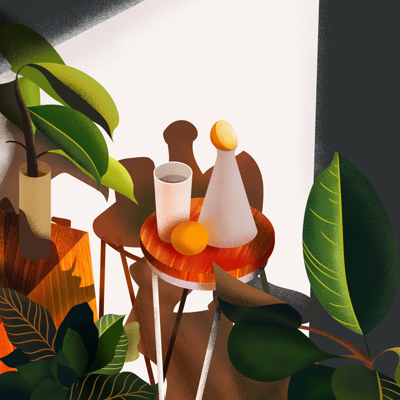 Colorful illustrated still life with plants, tableware, and strong shadows